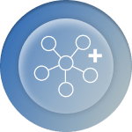 blue icon of a abstract element structure shape and a plus sign